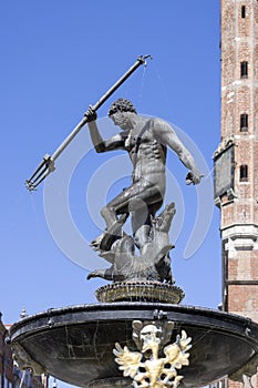 17th century Neptune's Fountain Statue at Long Market Street, Gdansk, Poland