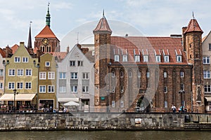 Gdansk, Poland - Juny, 2019. Gdansk old town and famous crane, Polish Zuraw. View from Motlawa river. The city also known as