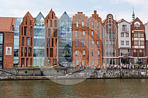 Gdansk, Poland - Juny, 2019. Gdansk old town and famous crane, Polish Zuraw. View from Motlawa river. The city also known as