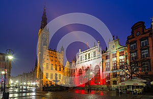 Beautiful illumination of the The Artus Court and Gdans Main Town Hall, Gdansk, Poland