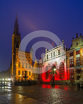 Beautiful illumination of the The Artus Court and Gdans Main Town Hall, Gdansk, Poland