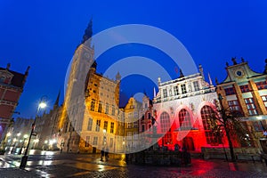 Beautiful illumination of the The Artus Court and Gdans Main Town Hall, Gdansk, Poland