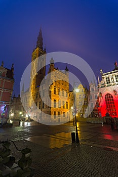 Beautiful illumination of the The Artus Court and Gdans Main Town Hall, Gdansk, Poland