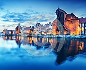 Gdansk, Poland old town, Motlawa river. Famous Zuraw crane