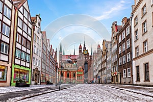 Gdansk street and the Royal chapel view in winter, Poland