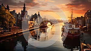 Gdansk sunset above the Motlawa and Zuraw Port Crane, Poland.