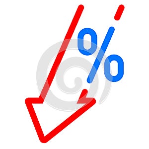 GDP decrease fall, red arrow percent icon. Vector GDP, investment profit loss arrow down symbol