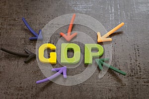 GDP, Gross Domestic Product concept, the primary indicators used to gauge the health of a country`s economy, arrow pointing to