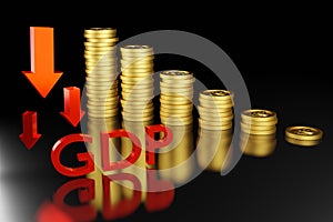 GDP red Arrow go down with stacks of gold coins. The value decreases concept .3d rendering