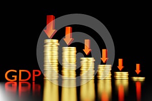 GDP red Arrow go down with stacks of gold coins. The value decreases concept .3d rendering