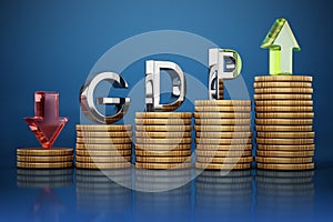 GDP word  rising and falling arrows and coins. Gross domestic product concept. 3D illustration