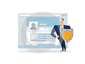 GDPR, AVG, DSGVO, DPO. Man with the shield in front of open browser window. GDPR officer protecting data. Flat vector
