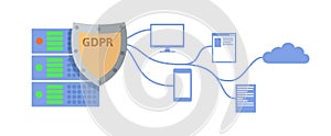 GDPR concept illustration. General Data Protection Regulation. The protection of personal data. Server and shield icon