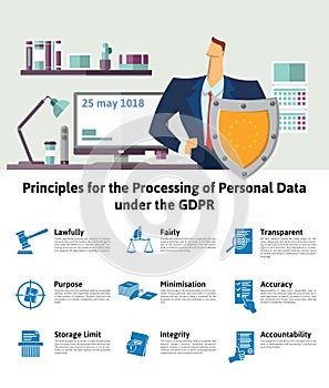 GDPR concept illustration. Principles for the Processing of Personal Data under the GDPR. General Data Protection