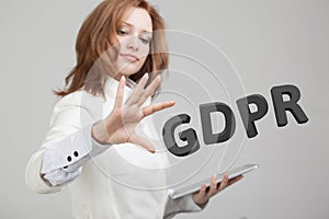 GDPR concept image. General Data Protection Regulation, the protection of personal data. Young woman working with