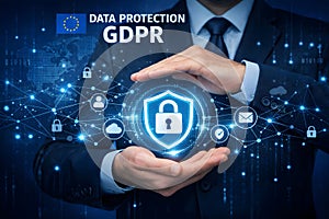 GDPR Data Protection Concept With Business Hands Protecting Digital Security Shield