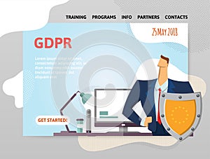 GDPR date. General Data Protection Regulation. Man with a shield in front of computer. Design template of website