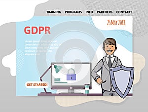 GDPR date. General Data Protection Regulation. Man with a shield in front of computer. Design template of website