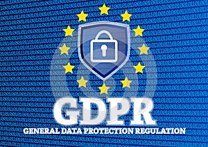 GDPR European General Data Protection Regulation illustration with shield and lock on glowing binary code