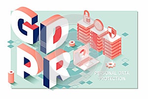 GDPR, General data protection regulation compliance.Isometric personal data protection web banner concept