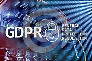 GDPR, General data protection regulation compliance. Server room background.