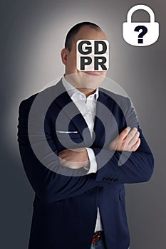 GDPR, General Data Protection Regulation on the face of a man in a business suit, information security concept and personal data