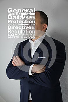 GDPR, General Data Protection Regulation, on the face of a man in a business suit, information security concept and personal data