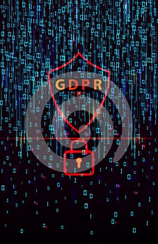 GDPR - General Data Protection Regulation and lock on background of matrix code.