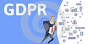 GDPR, General Data Protection Regulation. Man pushing cloud of digital symbols on blue background with GDPR text. Flat