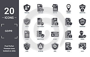 gdpr icon set. include creative elements as profiling, encryption, penalty, id card, attention, cookie filled icons can be used