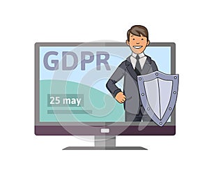 GDPR initiation date. Smiling man in suit with the shield standing out from computer monitor. Data defender. Concept