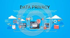GDPR isometric infographic data privacy on blue background network protection of personal storage General Data