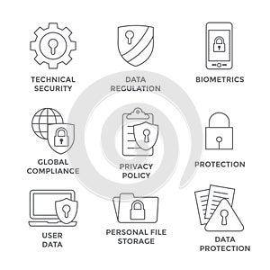 GDPR and Privacy Policy Icon Set with locks, padlocks and shield