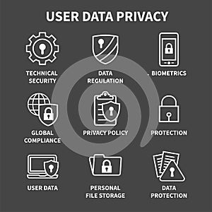 GDPR and Privacy Policy Icon Set with locks, padlocks and shield