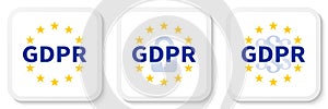 GDPR white square sticker set with the EU flag, the padlock icon and paragraph marks.