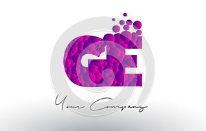 GE G E Dots Letter Logo with Purple Bubbles Texture.