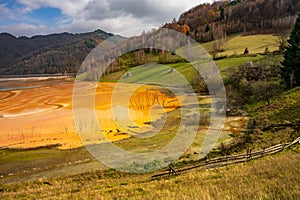 Geamana vilage covered by tailing lake from cooper mine in Roumania photo