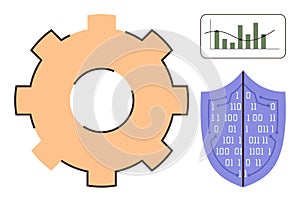 Gear with Data Analytics Chart and Digital Shield Representing Technology and Cybersecurity