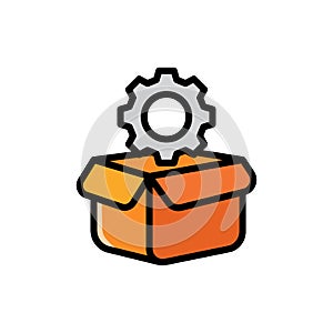 Gear in a box cartoon icon drawing, concept of a product or machinery ready to be delivered to the customer. Simple