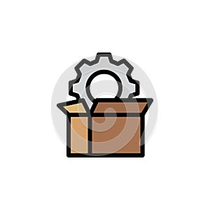 Gear in a box cartoon icon drawing, concept of a product or machinery ready to be delivered to the customer. Simple