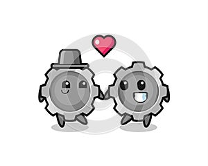 Gear cartoon character couple with fall in love gesture
