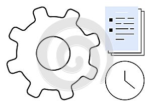 Gear, Clock, and Documents Representing Task Management and Workflow Optimization