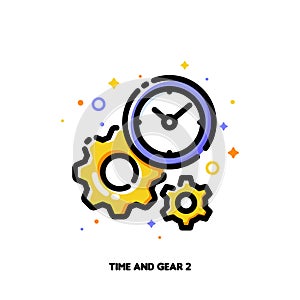 Gear and clock icon for concept of how to prioritize business tasks with time management. Flat filled outline style