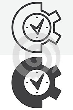 Gear clock line and solid vector icon set