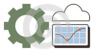 Gear, cloud, and growth graph signifying data analysis, cloud technology, and process optimization