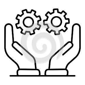 Gear cog company in hands icon, outline style