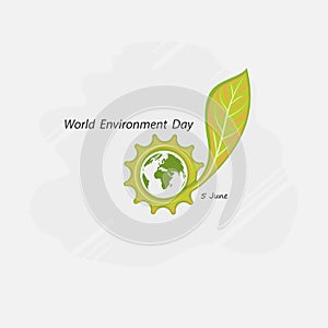 Gear cog and Green concept.Globe and Leaf sign. World Environment day concept vector logo design template.June 5st World