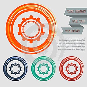 Gear, cog icon on the red, blue, green, orange buttons for your website and design with space text.