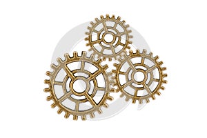 Gear and cogs wheels isolated on a white background, clock mechanism, brass metal engine industrial