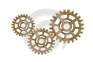 Gear and cogs wheels isolated on a white background, clock mechanism, brass metal engine industrial